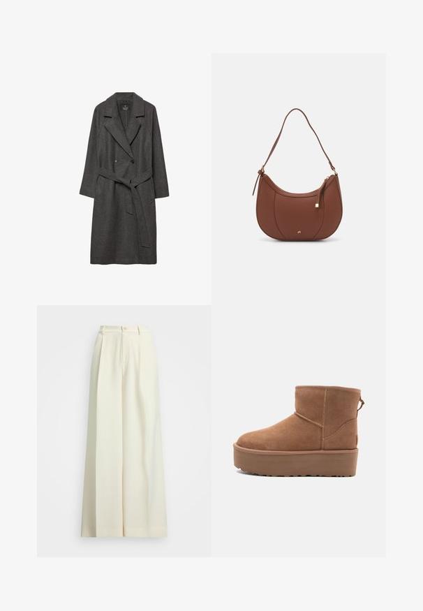Dunkelgrauer Wollmantel mit breiten Revers, doppelt geknöpftem Vorderteil, Vordertaschen und einem passenden Gürtel in der Taille. Glatte Textur, knielanges Design.; Cremfarbener Kabelstrickpullover mit tiefem V-Ausschnitt, verziert mit marineblauen Paillettenstreifen am Kragen und an den Ärmelbündchen. Lange Ärmel mit geripptem Saum.; Weite Hosen aus cremefarbenem Stoff mit hoher Taille, doppelten Falten und einem Knopfverschluss. Glatte Textur und tailliertes Design.; Beige Wildleder-Ankle-Boot mit Plateausohle, abgerundetem Zehenbereich und abgesteppten Akzenten; verfügt über eine Zuglasche hinten für einfaches An- und Ausziehen.; Braune Kunstleder-Schultertasche mit geschwungener Form, minimaler Naht und goldfarbener Hardware-Akzent. Verfügt über einen oberen Reißverschluss und einen verstellbaren Trageriemen.