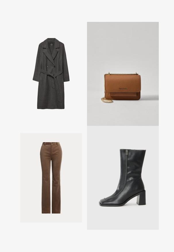 Dark gray wool coat with wide lapels, double-breasted front, front pockets, and a matching belt at the waist. Smooth texture, knee-length design.; Brown knit sweater featuring a ribbed texture, round neckline, and long sleeves, with a fitted hem and subtle cable pattern.; Brown corduroy trousers with a straight-leg design, featuring belt loops, front pockets, and subtle vertical ribbing for texture.; Black leather ankle boot with a square toe, side zipper, and chunky, square heel. Features contrast stitching along the front seam.; Brown textured leather crossbody bag with gold chain strap and flap closure. Front features logo detail and a pocket under the flap.