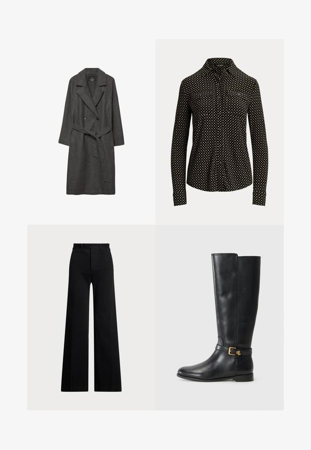 Mørkegrå uldfrakke med brede revers, dobbeltradet front, forlommer og et matchende bælte i taljen. Glat tekstur, knælang design.; Sort skjorte med knaplukning og hvidt firkantet mønster, lange ærmer, krave og to forlommer, lavet af et blødt stof.; Sorte vide bukser lavet af vævet stof, med høj talje, frontlukning med knap og sidelommer. Glat tekstur med rene linjer.; Sort læderknæhøj støvle med en guldbeslag detalje. Designet er slankt og elegant, sat mod en hvid baggrund.