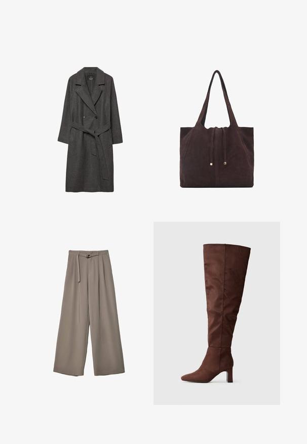 Mörkgrå ullkappa med breda slag, dubbelknäppt fram, framfickor och ett matchande bälte i midjan. Slät textur, knälång design.; Vit kortärmad ribbad topp med rund halsringning. Mjuk textur och avslappnad passform, med en enkel design utan ytterligare mönster.; Breda byxor i ett mjukt, dämpat grått tyg, med belagd midja och veck för extra designdetaljer. Slät textur, inga mönster.; Brun knähög stövel i mjukt mockaliknande material. Har en spetsig tå och en staplad klack för stabilitet. Slät, matt finish.; Mango Shoppingväska - dark brown