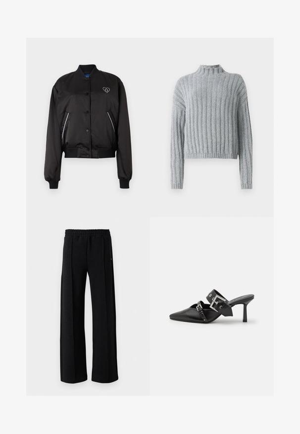 Črna bomberska jakna z gladkim, sijočim materialom, rebrastimi manšetami in pasom, sprednjim gumbom za zapiranje ter podrobnostmi v obliki srca.; Svetre svetlo sive barve z debelim pletenjem, rebrastim vzorcem, ovratnikom na ovratniku, dolgimi rokavi in nekoliko skrajšano silhueto.; Bela srajca z dolgimi rokavi in gumbi, izdelana iz gladkega bombažnega mešanega materiala. Ima klasičen ovratnik, sprednje zapiranje na gumbe in zaokrožene manšete.; Črne hlače ravnega kroja z elastičnim pasom in diskretnim teksturiranim vzorcem po tkanini na belem ozadju.; Črne visoke mule s koničastim prstom, izdelane iz gladkega usnja. Imajo širok gleženjski trak s kvadratno srebrno zaponko in okraski.