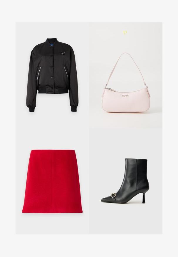 Musta pommittaja takki, jossa on sileä, kiiltävä kangas, ribbauskudokset hihansuissa ja vyötäröllä, edessä napitus ja sydämen muotoinen logo yksityiskohtana.; Valkoinen pitkähihainen kauluspaita, joka on valmistettu puuvillasta. Paidassa on napitettava etuosuus ja yksi rintatasku. Pehmeä pinta, rento malli.; Punaiset mini-hameet, jotka on valmistettu tekstuuripinnoitteisesta kankaasta ja joissa on suora leikkaus. Suunnittelu sisältää saumattoman etuosan ja siistit linjat ilman koristeita.; Musta nahkasaapas nilkkapituisilla, terävillä kärjillä, hoikalla keskipituisella korolla ja hopeavöillä sivussa yksinkertaista taustaa vasten.; Vaaleanpunainen nahkakäsilaukku, jossa on kaareva muotoilu, vetoketjukiinnitys ja olkahihna. Etupuolella on hopeinen logo.