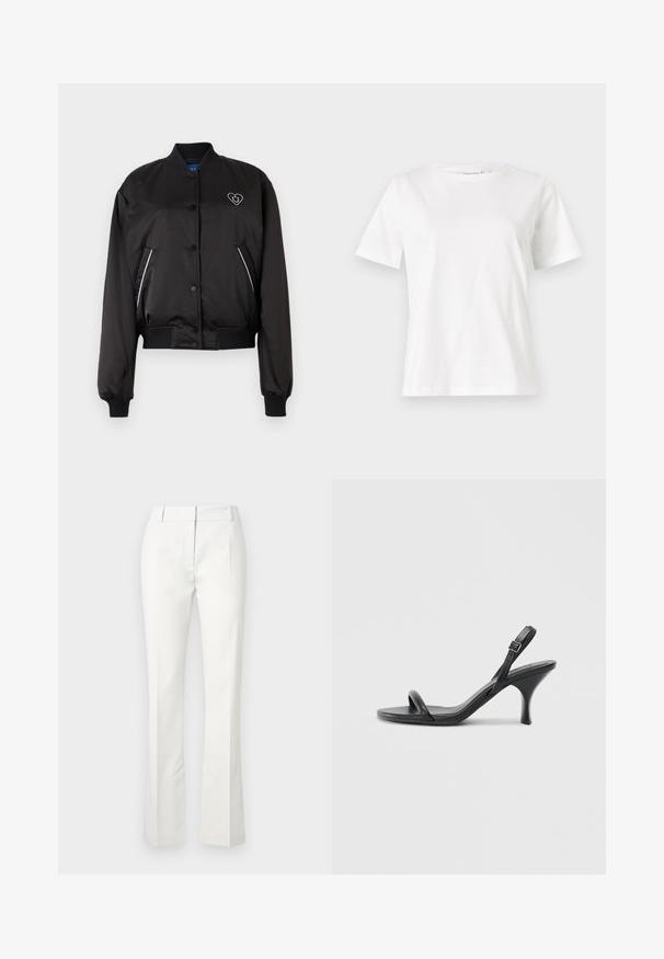 Melna bumbierjaka ar gludu, spīdīgu audumu, ribotiem piedurknēm un jostasvietu, priekšējo pogu aizdari un sirds formas logotipa detaļām.; Baltas kokvilnas T-krekls ar īsām piedurknēm, apaļu kakla izgriezumu un brīvu piegriezumu. Gluda tekstūra, bez rakstiem vai akcentiem, minimālistisks dizains.; Baltas pielāgots bikses ar izvērstu apakšdaļu, ar priekšējām krokām un gludu tekstūru, izgatavotas no viegla auduma.; Melnas ādas augstpapēžu sandales ar plānu, izliekta formas papēdi un krustenisku siksnu dizainu. Regulējama potītes siksna. Gluda tekstūra.