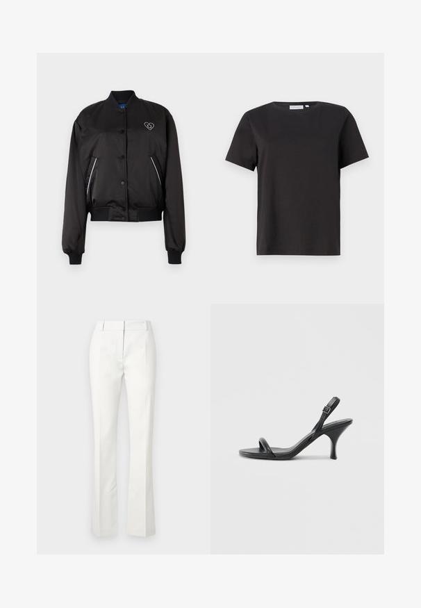 Crni bomber jakna od glatkog, sjajnog materijala, rebrastih manžeta i pojasa, prednje dugmadi za zatvaranje i detaljem u obliku srca.; Crna pamučna majica s kratkim rukavima, okruglim izrezom i jednostavnim, čistim dizajnom. Nema vidljivih uzoraka ili ukrasa.; Bijele krojene hlače sa širokim donjim dijelom, s prednjim nabora i glatkom teksturom, izrađene od laganog materijala.; Crne kožne sandale na visoku petu s tankom, zakrivljenom petom i dizajnom prekriženih traka. Podesiva traka oko gležnja. Glatka tekstura.