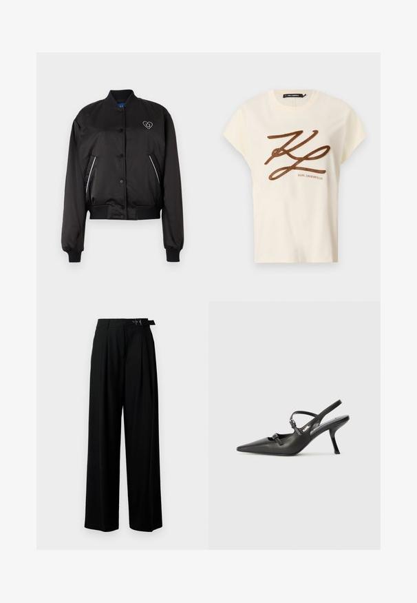 Mustam bomber-jakk sujuva, läikiva kangaga, soonikute ja vöökoha mansettidega, ees klõpsuga sulgemine ning südamekujuline logo detail.; Kreemivärvi puuvillane t-särk lühikeste varrukatega, mille ees on pruun tikandiga logo ja kirjutis.; Mustad kõrge vöökohaga mustad laiad püksid, millel on ees voldid ja vöö, millel on pandla. Valmistatud siledast ja kergest kangast.; Must musta slingback kontsad, terava nina, peenike konts ja dekoratiivne pandla detail peal. Sile tekstuur ja stiilne disain.