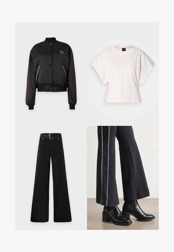 Juodas bomberio stilius švarkas su lygiu, blizgiu audiniu, raukšlėtomis rankogaliais ir juosmeniu, priekyje užsegamas mygtukais ir su širdies formos logotipo detale.; Baltas trumpas marškinėliai, plačios trumpomis rankovėmis, minkšta medvilnė, apvali kaklo iškirptė su subtiliu oranžiniu apvadu, minimalus dizainas, be raštų ar grafikų.; Juodos plačios kojų kelnės, pagamintos iš medvilnės, su aukšta liemene, didelėmis šoninėmis kišenėmis ir diržu, papuoštu sidabriniais akcentais.; Juodi odiniai auliniai batai su plataus bloko kulnu, turintys elastines šonines dalis. Sukomplektuoti su juodomis kelnėmis, turinčiomis baltą šoninės juostą.
