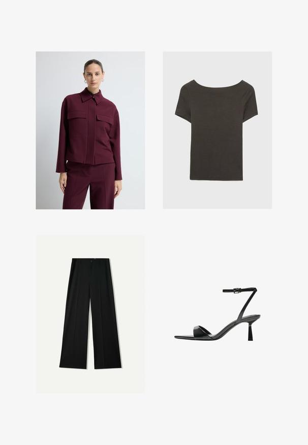 Bordeauxjacka med en strukturerad design, med spetsig krage och två bröstfickor. Slät textur, kort längd, skräddarsydd passform.; Mörkgrå kortärmad topp med båthals. Tillverkad av ribbad tyg, med avslappnad passform och ren fåll. Enkelt design, inga mönster.; Bershka WIDE - Tygbyxor - black; Bershka Sandaletter - black