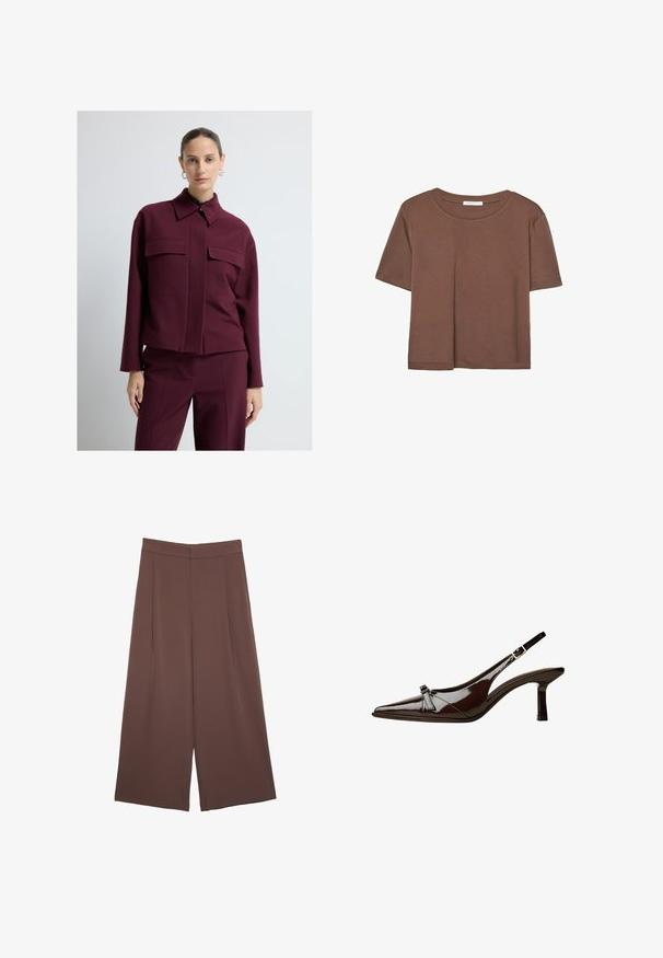 Veste bordeau au design structuré, avec un col pointu et deux poches poitrine. Texture lisse, longueur courte, coupe ajustée.; T-shirt marron à manches courtes en tissu doux, avec un col rond et une coupe décontractée. Aucun motif ni accent visible.; Pantalons larges marron avec une texture lisse, dotés d'une taille haute et de plis à l'avant. Le tissu est léger et tombe de manière fluide.; Chaussure slingback en cuir verni marron avec un bout pointu, un petit talon et un accent de nœud décoratif à l'avant. Texture lisse et brillante.