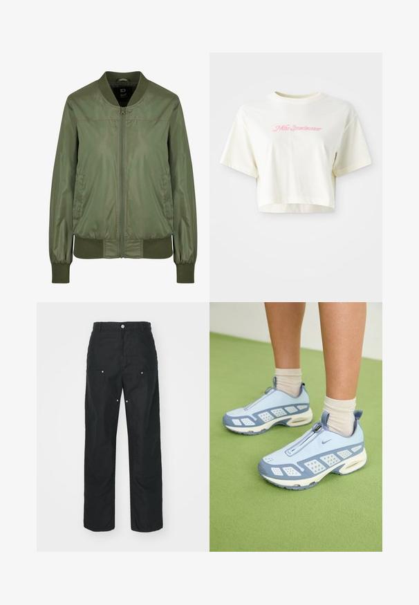 Alyvuogių žalia bomber stiliaus striukė, pagaminta iš blizgaus audinio, su užtrauktuku priekyje, gumuotais rankogaliais ir prigludusia liemenėle, turinti diskretiškas šonines kišenes.; Trumpas, kreminės spalvos marškinėliai, pagaminti iš medvilnės. Puošti rožiniu siuvinėtu logotipu su užrašu "Nike Sportwear." Trumpomis rankovėmis ir apvaliu kaklu.; Juodos kelnės su tiesiomis kojomis, pagamintos iš tekstūruotos medžiagos. Papuoštos dekoratyviniais sidabro detalėmis ir unikaliu siūlių apdorojimu.; Šviesiai mėlynos sportinės batuokai su baltais akcentais, tekstūruotais paneliais ir užtrauktuku. Yra matoma oro amortizavimo padas ir guminis padas.