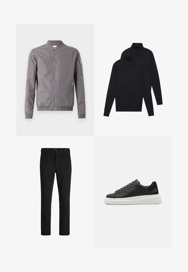 Veste bomber grise en tissu lisse. Elle dispose d'une fermeture éclair à l'avant, de poches latérales et d'une poche zippée sur le bras. Poignets et ourlet côtelés.; Deux pulls turtleneck noirs à manches longues, en tricot uni, empilés avec un légèrement derrière l'autre sur un fond blanc.; Pantalon noir en tissu lisse, avec un design classique, une coupe droite, une fermeture par bouton à l'avant et des poches latérales.; Baskets en cuir noir avec une semelle en caoutchouc blanc, dotées de lacets plats et d'œillets marqués. Texture douce avec un accent contrastant sur le côté.
