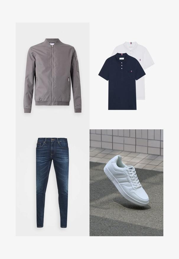 Grå bomberjakke laget av glatt stoff. Har glidelås foran, sidelommer og en glidelåslomme på armen. Ribbestrikkede mansjetter og kant.; To polo skjorter: en marineblå og en hvit, begge med en liten rød, hvit og blå aksent på brystlommen og kragen.; Mørkeblå denimjeans med smal passform, subtil falming, fem lommer og metallknaplukking. Sømmer i kontrastfarge.; Hvit atletisk sneaker med glatt skinnoverside, snøring foran, perforert tå og mønstrets såle. Minimalistisk design med tre side-striper.