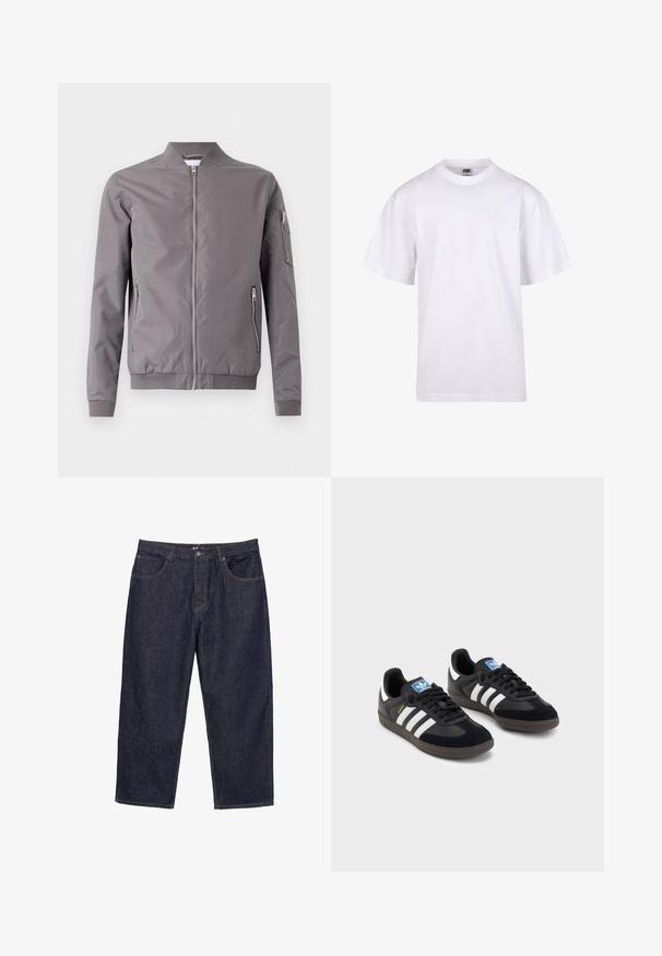 Giacca bomber grigia realizzata in tessuto liscio. Presenta una chiusura a zip frontale, tasche laterali e una tasca con zip sulla manica. Polsini e orlo a coste.; T-shirt bianca in cotone con scollatura a girocollo, maniche corte e vestibilità rilassata. Presenta un design semplice senza motivi o accenti.; Jeans in denim blu scuro a gamba dritta con chiusura frontale a bottone e zip e cinque tasche, esposti su uno sfondo bianco.; Sneakers neri con tomaia in suede e materiale sintetico, caratterizzati da tre strisce bianche, suola in gomma testurizzata e etichetta blu sul linguetta.