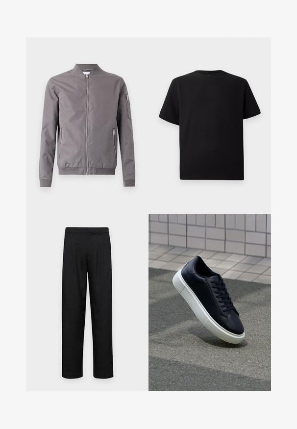 Giacca bomber grigia realizzata in tessuto liscio. Presenta una chiusura a zip frontale, tasche laterali e una tasca con zip sulla manica. Polsini e orlo a coste.; T-shirt corto nero a maniche corte realizzato in tessuto testurizzato, con scollatura rotonda e vestibilità comoda. Semplice, senza motivi o dettagli.; Pantaloni neri realizzati in tessuto liscio, caratterizzati da un taglio dritto, due pieghe frontali e una vita standard con passanti per la cintura.; Sneaker in pelle nera con punta arrotondata e suola in gomma bianca. Presenta lacci piatti e cuciture minime sulla parte superiore. Suola testurizzata per una migliore aderenza.