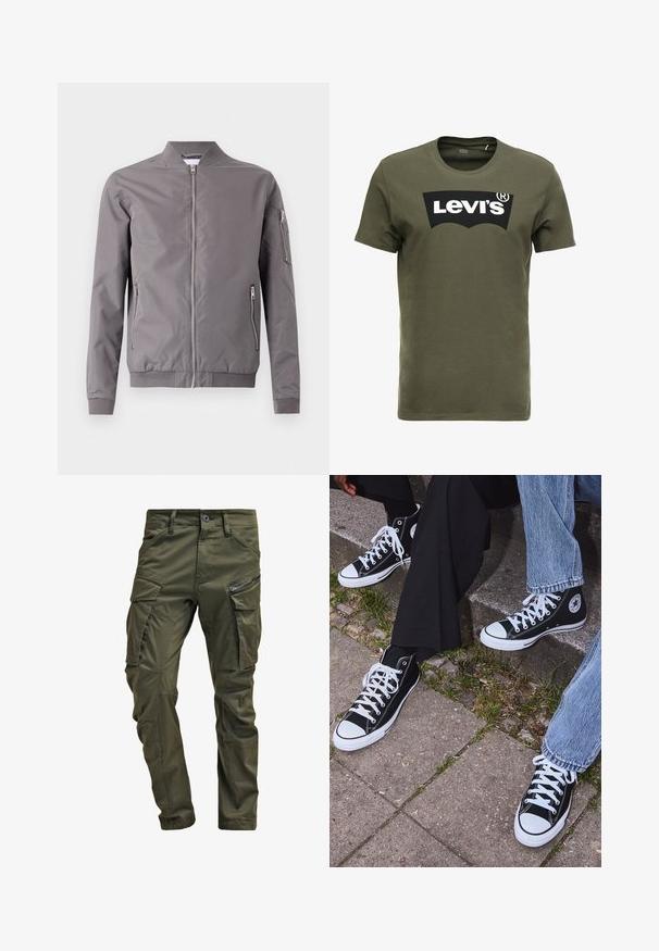 Veste bomber grise en tissu lisse. Elle dispose d'une fermeture éclair à l'avant, de poches latérales et d'une poche zippée sur le bras. Poignets et ourlet côtelés.; T-shirt en coton vert olive avec un grand logo noir Levi's sur le devant. Col rond classique et manches courtes, texture lisse.; Pantalons cargo vert olive en coton résistant. Dotés de plusieurs poches, d'une poche latérale zippée et de jambes fuselées avec une finition légèrement texturée.; Baskets montantes en toile noires avec semelles et lacets en caoutchouc blancs, arborant un logo circulaire sur le côté et associées à un jean et un pantalon noir.