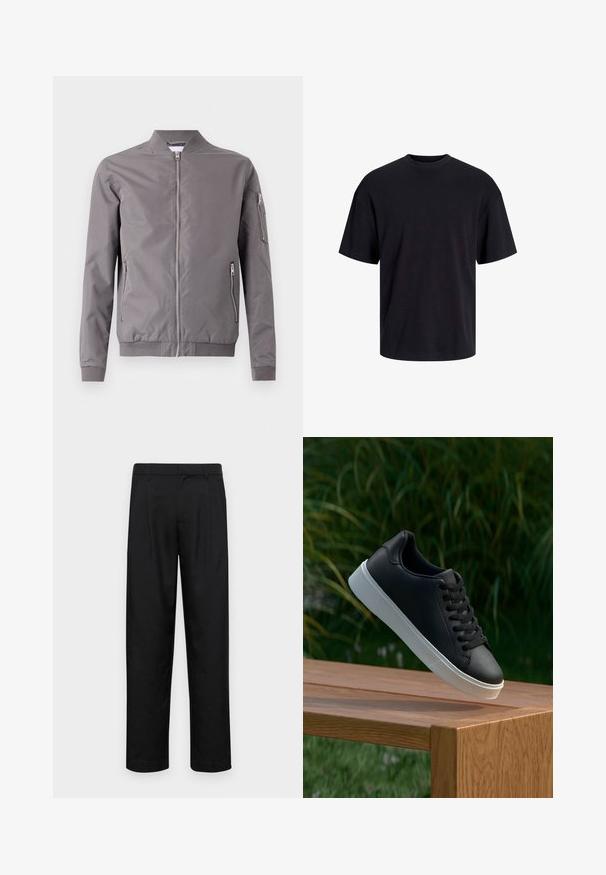 Grå bomberjacka i slätt tyg. Har dragkedja framtill, fickor på sidorna och en ficka med dragkedja på ärmen. Ribbad muddar och nederkant.; Svart bomullströja med rundad halsringning, korta ärmar och avslappnad passform. Slät textur utan synliga mönster eller detaljer.; Svarta byxor i slät väv, med rak ben-design, två framfickor och standardmidja med bälteshällor.; Svarta lädersneakers med en slät yta, vit gummisula och sex öglor för snörning, visade på en träyta.