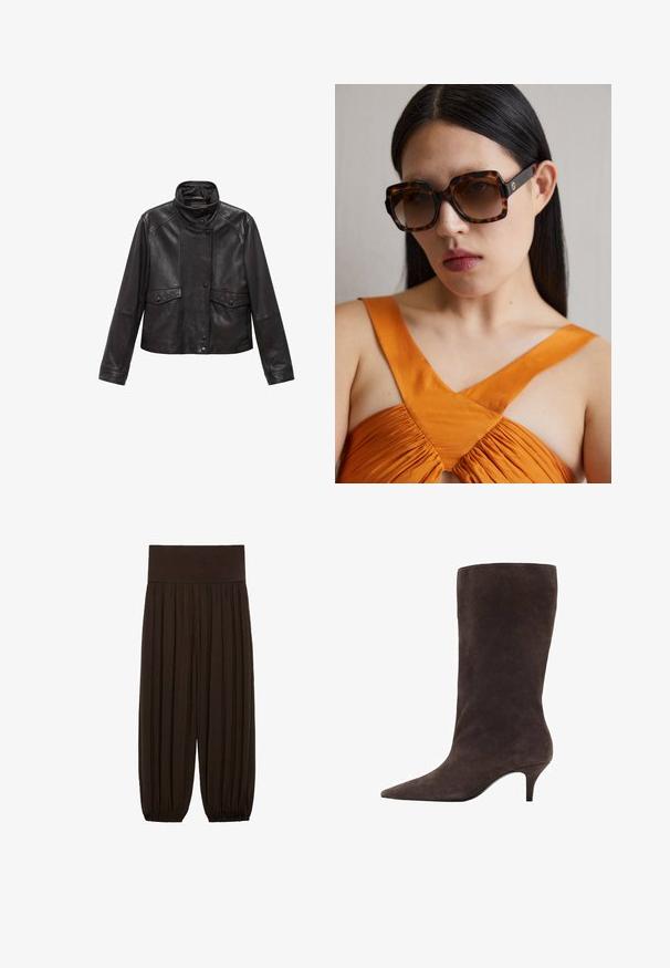 Zwarte leren jas met hoge kraag, drukknoopsluiting aan de voorkant en twee klepzakken op taillehoogte, plat gelegd op een witte achtergrond.; Beige trui van zacht materiaal, met een ronde halslijn en lange mouwen. Eenvoudig ontwerp zonder patronen of versieringen.; Bruine geplooide broek met een brede, elastische tailleband. De stof is lichtgewicht en gestructureerd, met gatherse randen bij de boorden.; Bruine suède kniehoogte laars met een spitse neus en een mid-hoge hak, met een gladde textuur en een slank ontwerp.; Bruine schildpadoversized zonnebril met een brede rechthoekige rand en gradient lenzen. Gouden logo-detail aan de zijkant.