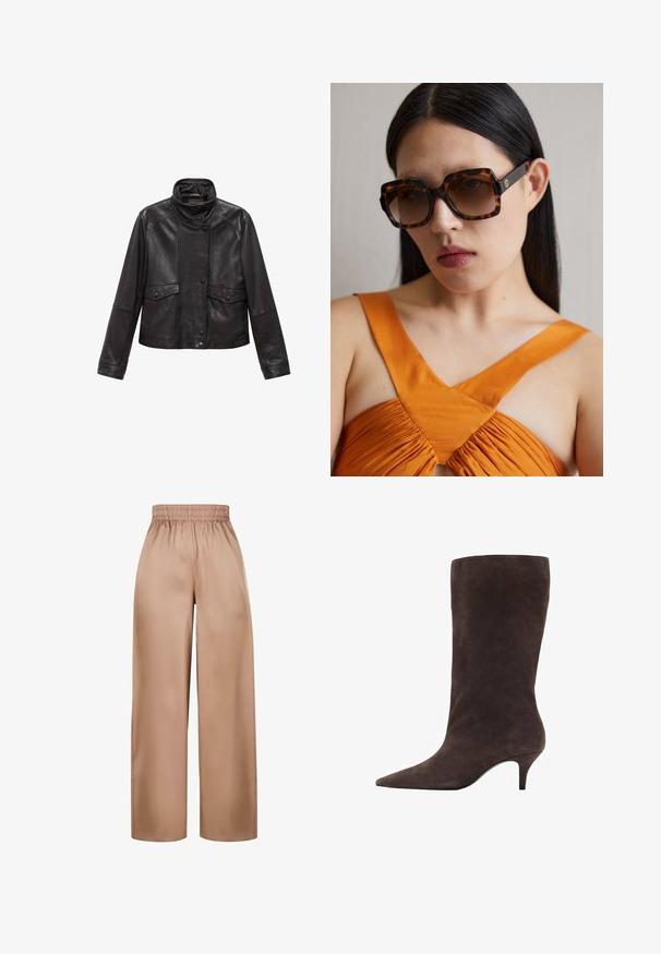 Jachetă din piele neagră cu guler înalt, închidere cu capse, și două buzunare cu clapetă la talie, întinsă pe un fundal alb.; Pulover bej din material moale, cu guler rotund și mâneci lungi. Design simplu, fără modele sau decorațiuni.; Pantaloni cu picioare largi, de culoare maro deschis, confecționați dintr-un material neted, cu un brâu elastic, având un design simplu și fără embellishments suplimentare.; Botă din suede maro, până la genunchi, cu vârf ascuțit și toc mediu, având o textură netedă și un design elegant.; Ochelari de soare supradimensionați, cu rame dreptunghiulare largi, în nuanțe de tortoise brown și lentile cu gradient. Detaliu cu logo auriu pe lateral.
