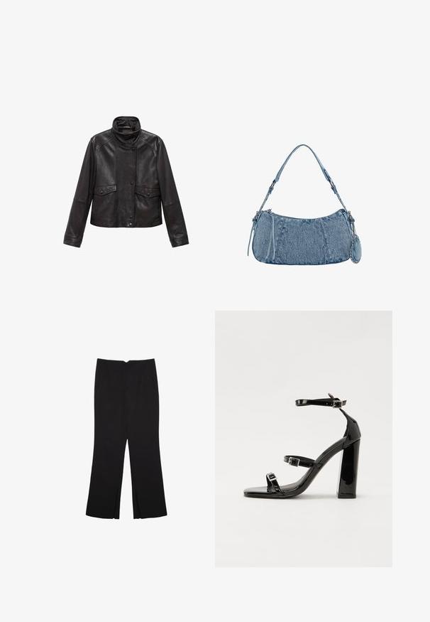 Schwarze Lederjacke mit hohem Kragen, Druckknopf-Front und zwei Klappentaschen an der Taille, flach auf weißem Hintergrund ausgelegt.; Schwarzes, langärmliges, kurz geschnittenes Oberteil mit Rundhalsausschnitt, schlichter Gestaltung und leicht abgerundetem Saum.; Schwarze Hose mit geradem Schnitt, ausgestattet mit Fronttaschen und Seitenschlitzen am Saum. Hergestellt aus weichem, glattem Stoff. Geeignet für verschiedene Anlässe.; Schwarze Lackleder-Sandalen mit hohen Absätzen, zwei Riemen mit Schnallen, quadratischer Zehenpartie und klobigem Blockabsatz, mit einer glatten, glänzenden Textur.; Denim-Handtasche mit geschwungener Form, hellblauer Farbe, verstellbarem Schultergurt und einem kleinen abnehmbaren Täschchen mit metallischen Akzenten.