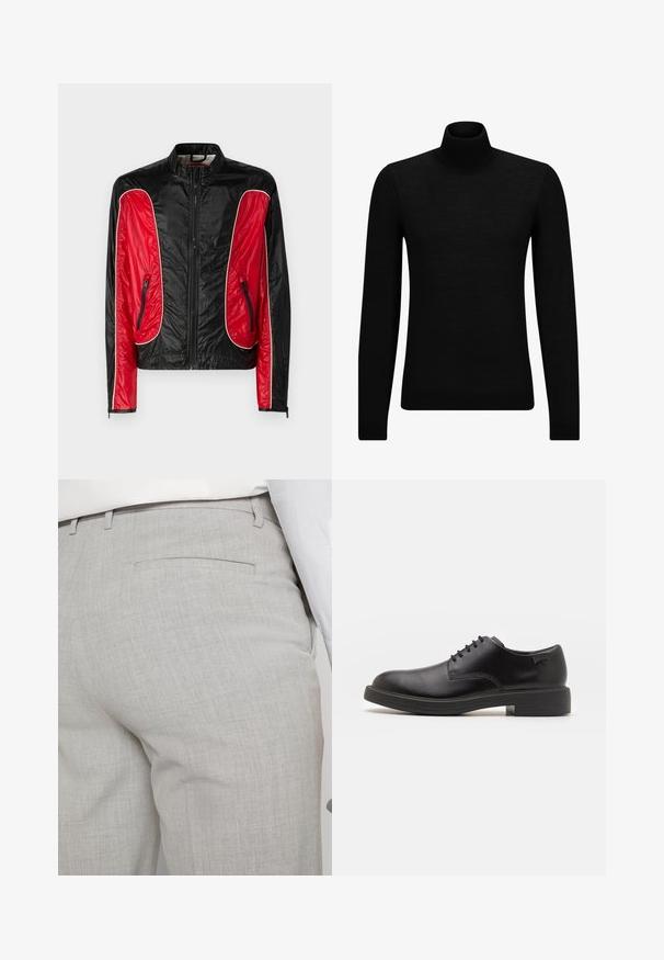Črna in rdeča vetrovka z zadrgo, z žepi na zadrgo, stoječim ovratnikom, sijočo teksturo in kontrastnimi obrobami ob šivih.; Črna turtleneck pulover iz mehkega materiala, z dolgimi rokavi in tesnim prileganjem. R ibana obroba na robu in rokavih. Preprosta zasnova.; Svetlo sive hlače po meri iz teksturirane tkanine, z enim zadnjim žepom in čistim šivom.; Črne usnjene čipkaste čevlje z zaobljenim nosom, gladko teksturo, minimalnim šitjem in nizkim gumijastim peto. Logo na peti.