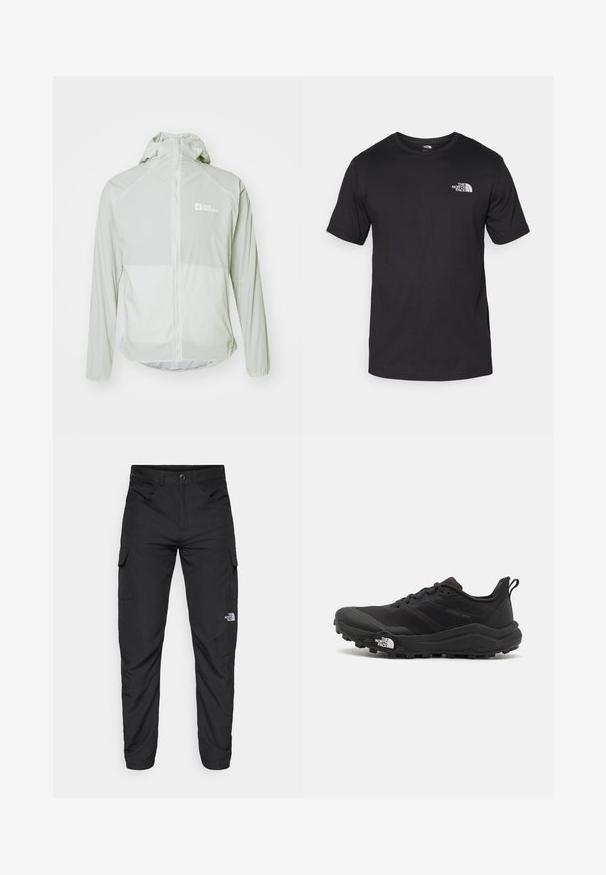 Veste légère grise clair avec capuche, fermeture éclair intégrale, manches longues et logo réfléchissant sur la poitrine. Texture lisse, design minimaliste.; T-shirt noir à manches courtes en coton, avec un col rond et un petit logo blanc sur le côté supérieur gauche de la poitrine.; The North Face HORIZON PANT - Pantalons outdoor - black; Chaussure de trail running noire avec une tige texturée, semelle en caoutchouc et bout renforcé. Présente un col rembourré et une tirette pour un enfilage facile.
