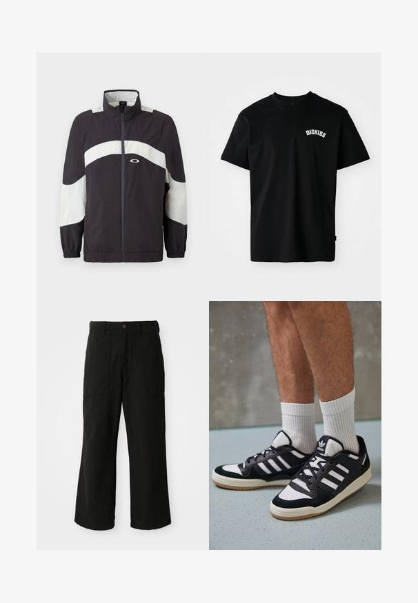 Svart og hvit vindjakke med høy krage, frontglidelås og elastiske mansjetter. Har buede fargeblokker og en logo på brystet.; Svart bomull T-skjorte med korte ermer og rund hals. Har en hvit buet logo "DICKIES" på brystet. Enkel design, ingen mønstre.; Sorte vide bukser laget av mykt stoff, med fork pockets og knappestolpe i midjen. Minimalistisk design uten synlige mønstre.; Sorte og hvite sneakers med overdel i semsket skinn og lær, med tre hvite striper, perforert tå og en såle av gummi.