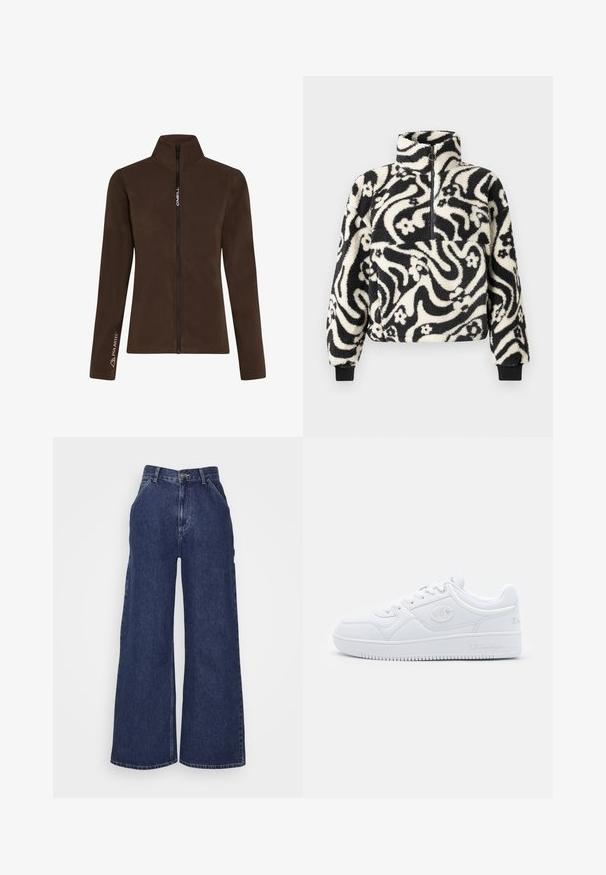 Brązowa polarowa kurtka z wysokim kołnierzem i pełnym zamkiem błyskawicznym. Zawiera logo "O'Neill" oraz logo "Polartec" na jednym z rękawów. Miękka w dotyku.; Czarny i biały polarowy pulower z wysokim kołnierzem, zdobiony wirującym kwiatowym wzorem oraz prążkowanymi mankietami. Zamek błyskawiczny z przodu.; Jeansy dżinsowe o szerokich nogawkach w ciemnoniebieskim kolorze, z wysokim stanem, przednimi kieszeniami oraz zamkiem błyskawicznym i metalowym guzikiem. Gładka tekstura i klasyczny krój.; Białe sneakersy wykonane z gładkiego materiału syntetycznego, z okrągłym czubkiem, płaską podeszwą i subtelnymi akcentami logo po bokach. Klasyczny niski design.