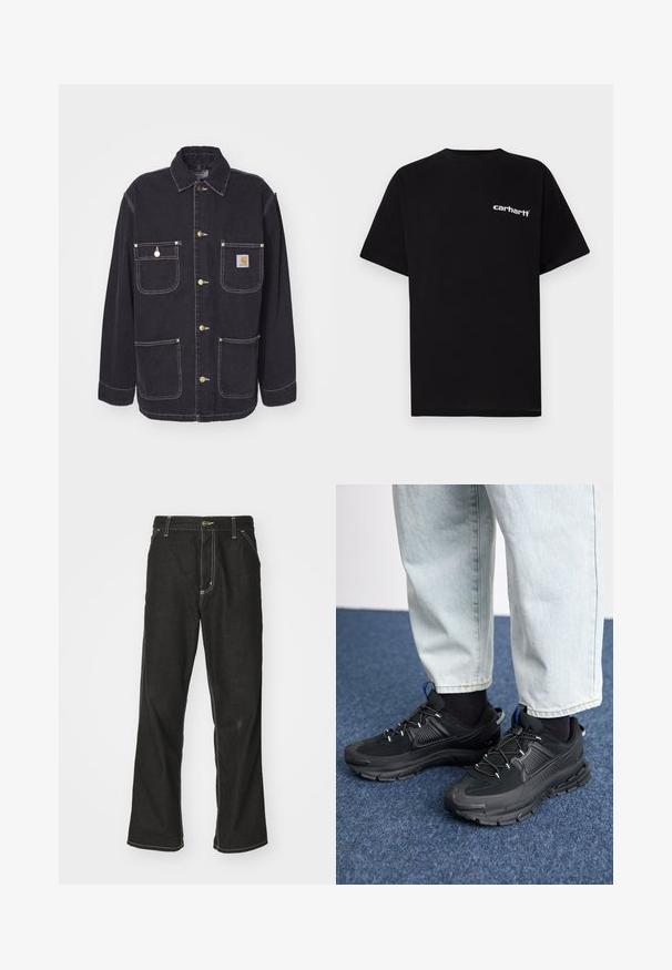Fekete farmerdzseki, két mellzsebbel és két oldalzsebbel, aranyszínű fémszerelvényekkel és kontrasztos fehér varrással. Szabványos gallérral rendelkezik.; Fekete pamut rövid ujjú póló kerek nyakkivágással és fehér "Carhartt" logóval a bal mellrészen. Simaszövetű, letisztult dizájn.; Fekete farmernadrág laza szabással, kontrasztos fehér varrással, gombos záródással és egyenes lábmegoldással.; Fekete sportcipők texturált anyaggal és gumitalppal, elasztikus fűzőkkel és kék kiegészítővel a saroknál. Világos farmernadrággal viselve.
