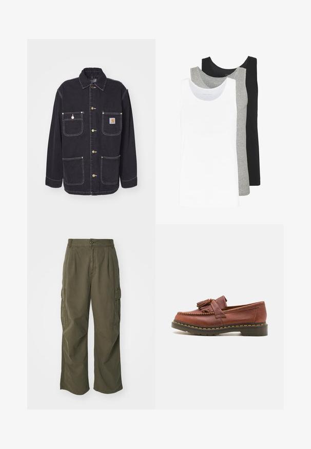 Schwarze Jeansjacke mit zwei Brusttaschen und zwei Seitentaschen, goldfarbenen Beschlägen und kontrastierenden weißen Nähten. Verfügt über einen Standardkragen.; Drei Tanktops in Weiß, Grau und Schwarz. Jedes hat ein klassisches ärmelloses Design und besteht aus leichtem Baumwollstoff mit einer Rippstruktur.; Cargo-Hosen in Olivgrün, aus Baumwolle, mit weitem Bein, Falten und seitlichen Taschen für Funktionalität.; Braune Leder-Mokassins mit Quastenakzenten, strukturierten Oberflächen und kontrastierenden gelben Nähten entlang der schwarzen Gummisohle. Seitenansicht.