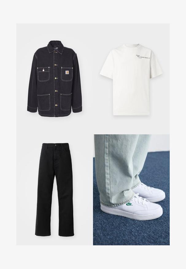 Giubbotto di jeans nero con due tasche sul petto e due tasche laterali, accessori in tonalità oro e cuciture bianche a contrasto. Presenta un colletto standard.; T-shirt bianca in cotone con maniche corte, scollo rotondo e testo stampato nero sul petto con la scritta "Carhartt Work in Progress 1989."; Pantaloni in denim nero con taglio dritto, caratterizzati da tasche frontali, chiusura con zip e un singolo bottone superiore. Tessuto testurizzato con finitura opaca.; Sneakers in pelle bianca con logo Nike verde, punta rotonda, suola piatta, abbinati a pantaloni in denim azzurro, mostrati su un tappeto blu.