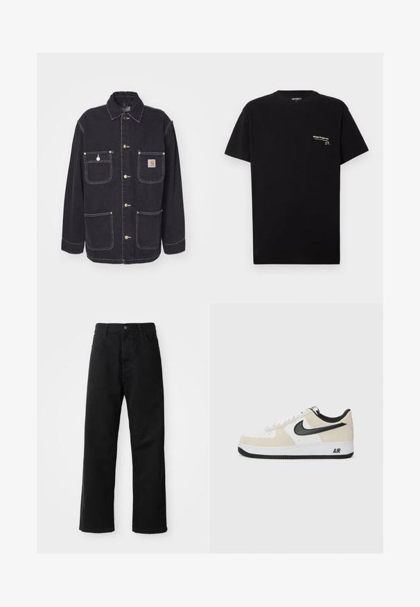 Juodas džinsinis švarkas su dviem krūtinės kišenėmis ir dviem šoninėmis kišenėmis, auksinės spalvos detalių ir kontrastingo balto siuvimo. Yra standartinė apykaklė.; Juodas medvilnės marškinėliai trumpomis rankovėmis, apvaliu iškirpimu ir nedideliu baltu logotipu, atspausdintu kairėje krūtinės pusėje.; Juodo džinsinio audinio keliaraiščiai su tiesia iškarpa, turintys priekinės kišenes, užtrauktuką ir vieną viršutinį mygtuką. Audinys tekstūruotas, su matinio paviršiaus apdaila.; Batai sportui su šviesiai rudos suku ir baltos odos viršutinė dalimi, juodom Nike swoosh detalėm, juodais akcentais ir balta gumine padanga su "AIR" ženklu.