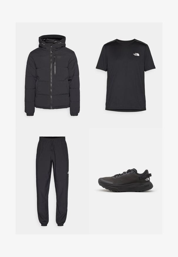 Icepeak AMERI - Zimní bunda - black; Černé tričko s krátkým rukávem vyrobené z lehkého materiálu. Má malé bílé logo na levé části hrudi a decentní akcenty na ramenech.; Černé sportovní kalhoty vyrobené z lehké tkaniny, s páskem na šňůrku, bočními kapsami a zúženými manžetami na kotnících.; Černá sportovní obuv s vrškem z prodyšné síťoviny, polstrovaným límcem a gumovou podrážkou. Obsahuje texturovaný design a branding na patě. Lehká konstrukce.