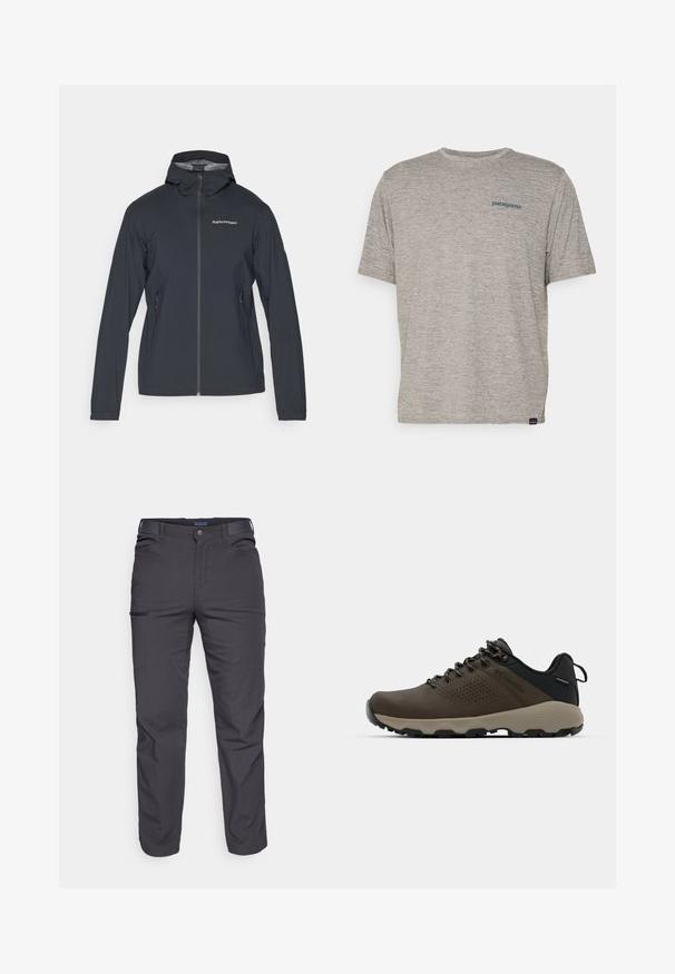 Tmavě šedá, lehká bunda s kapucí, předním zipem a dvěma bočními kapsami. Má přiléhavý střih a prodyšný materiál.; Šedé tričko s krátkým rukávem vyrobené z měkké, texturované látky, se malým modrým logem Patagonia na levé straně hrudi. Žádné další vzory.; Tmavě šedé kalhoty vyrobené z odolné tkaniny, s kapsou na zip, rovný střih a s poutky na opasek pro nastavitelné nošení.; Hnědé nepromokavé sneakers s texturovaným svrškem, perforovanými detaily, černým oporou paty a šedou gumovou podrážkou. Šňůrky mají kovové konce.