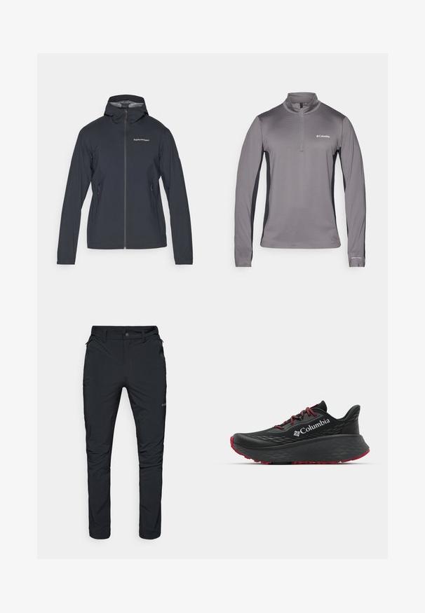 Dark gray, lightweight jacket with a hood, front zipper, and two side pockets. Features a fitted design and breathable material.; Gray long-sleeve pullover with half zip, textured fabric, contrasting black side panels, and small logo on the chest.; Black outdoor trousers with a straight fit, featuring zip pockets, belt loops, and a lightweight, durable fabric texture.; Black athletic shoe with textured upper, red laces, and logo. Thick sole with patterned tread for traction. Minimalist design, side view.