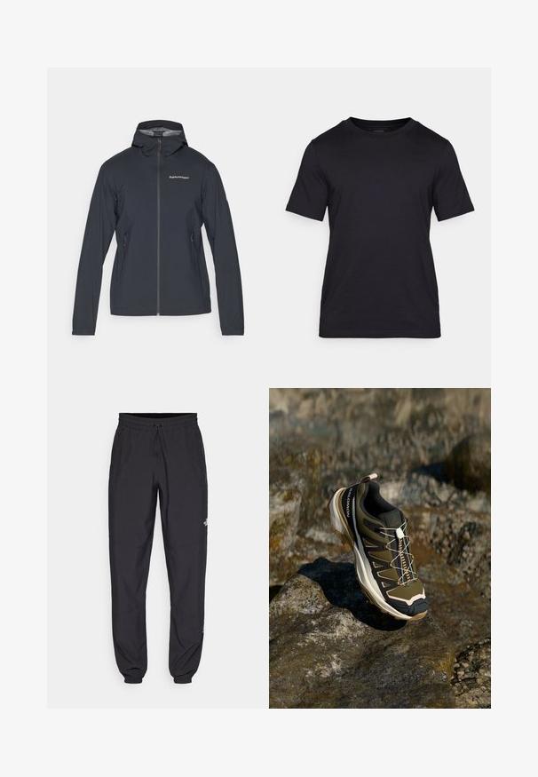 Dark gray, lightweight jacket with a hood, front zipper, and two side pockets. Features a fitted design and breathable material.; Black T-shirt made of smooth fabric, featuring a crew neckline and short sleeves. Subtle branding printed in black on the chest.; Black athletic pants made from lightweight fabric, featuring a drawstring waistband, side pockets, and tapered cuffs at the ankles.; Hiking shoe in olive green and black with pink accents. Features a textured upper, flexible sole, reinforced toe cap, and colorful lacing system.