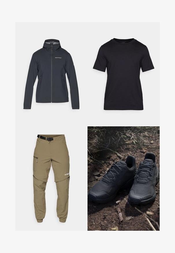 Mørkegrå, letvægt jakke med hætte, frontlynlås og to sidelommer. Har en tætsiddende design og åndbart materiale.; Sort T-shirt lavet af glat stof, med rund halsudskæring og korte ærmer. Diskret branding trykt i sort på brystet.; Khaki udendørs bukser med en justerbar sort bælte, lynlås-lommer, smalle ankler og aftagelige nederste ben til alsidig styling.; Sorte atletiske sko med en struktureret strikket overdel, forstærket tå og polstret sål, præsenteret på jordnær grund med spredte grene.