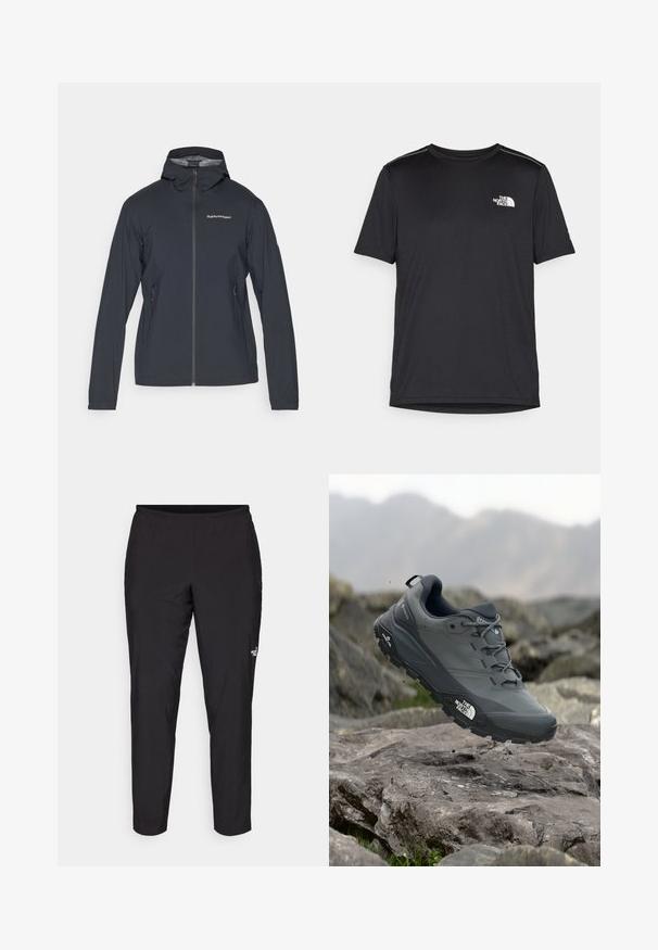 Giacca leggera grigio scuro con cappuccio, zip frontale e due tasche laterali. Caratterizzata da un design aderente e materiale traspirante.; T-shirt nero a maniche corte realizzata in tessuto leggero. Presenta un piccolo logo bianco sul lato sinistro del petto e delicati dettagli sulle spalle.; Pantaloni sportivi neri con vita elastica, forma affusolata, texture liscia e un piccolo logo bianco sulla parte inferiore della gamba.; Scarpa da trail running grigia con tomaia testurizzata, suola in gomma resistente e punta rinforzata. Presenta lacci e logo del marchio sul lato.