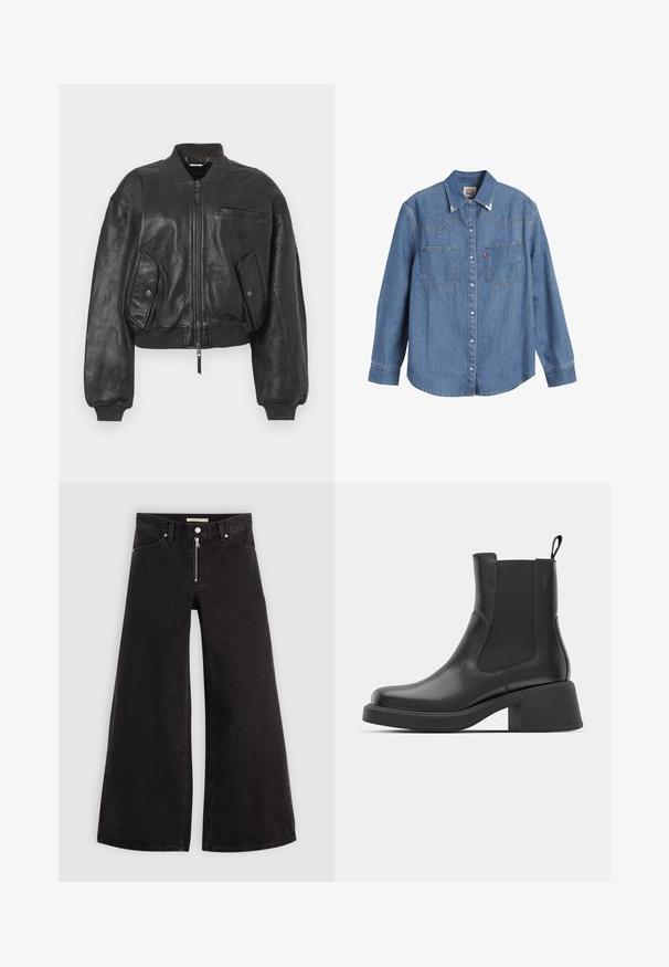 Melnas ādas bumbierjakas ar rāvējslēdzēju priekšpusē, ribotām aprocēm un divām sānu kabatām. Iezīmējas ar nelielu krūšu kabatu un īsu dizainu.; Gaiši zila džinsa krekls ar garām piedurknēm, norādītu apkakli, divām krūšu kabatām un kontrastējošu šuvju. Satur rietumu stila jostas dizainu.; Platas kājas džinsi melnā džinsa audumā ar rāvējslēdzēju priekšā, piecu kabatu dizains un smalkas šuvju detaļas. Gluda tekstūra un ikdienišķs stils.; Melna ādas potītes zābaki ar elastīgām sānu daļām, noapaļota purngala forma un masīls blokveida papēdis. Gluda tekstūra un minimālisma dizains.