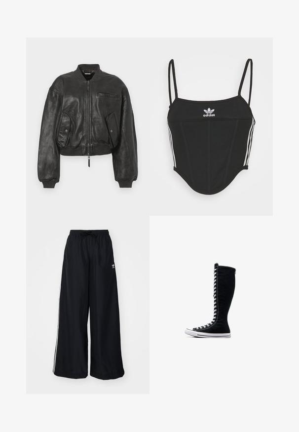 Must musta bomber jakk, millel on lukuga esiosa, soonikkoesised mansetid ja kaks küljetaskut. Omab väikest rinna-taskut ja lühendatud disaini.; Must mustriba top mustaks, reguleeritavate õhukeste kinnitustega, millel on külgedel kolm valget triipu ja keskel väike valge Adidas'i logo.; Mustad must laiad püksid, mis on valmistatud kergest kangast. Omavad elastset vöökohta tõmblukuga ja valget külgtriipu. Brändi logo puus.; Mustad mustad ketsid, millel on pikk disain, valmistatud kanvasest. Omavad valgeid paelu, õmblusi ja kummist tallat, millel on varbapatja kate.