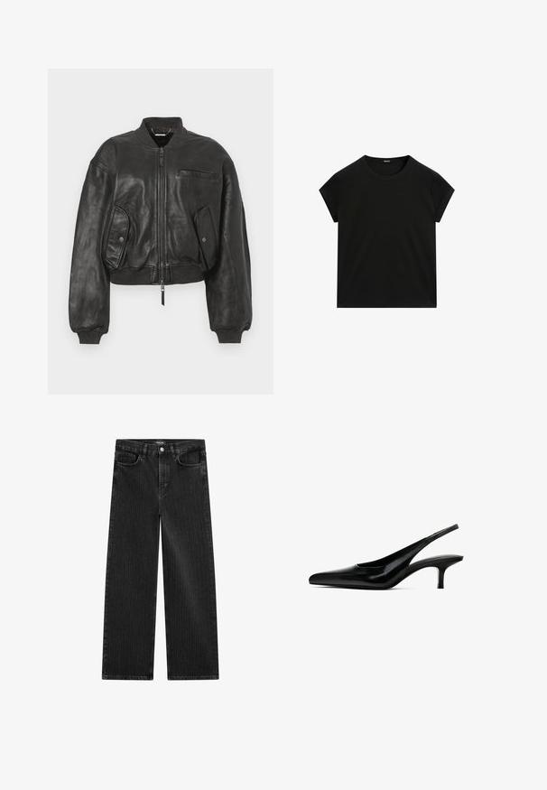 Zwarte leren bomberjack met een rits aan de voorkant, geribde manchetten en twee zijzakken. Heeft een klein borstzakje en een cropped design.; Zwarte t-shirt met korte mouwen en ronde hals, met een rechte zoom, plat weergegeven op een witte achtergrond.; Wijd gesneden zwarte denim jeans met een subtiel verticaal streepmotief, voorzien van een vijfzakkenontwerp en een klassieke knoopsluiting bij de taille.; Zwarte slingback schoen met puntige neus, afgewerkt in glanzend leer en met een dunne, lage hak. Bevat een uitsnede aan de zijkant voor ademend vermogen.