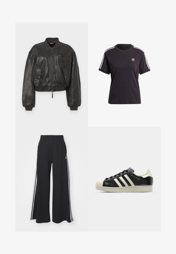 Musta nahkainen pommijakku, jossa on vetoketjullyönti, ribbireunuksilla varustetut hihat ja kaksi sivutaskua. Ominaisuuksiin kuuluu pieni rintatasku ja lyhennetty malli.; Musta puuvillainen lyhythihainen t-paita pyöreällä kauluksella, jossa on valkoiset raidat olkapäillä ja pieni valkoinen Adidas-logo rinnassa.; Mustat löysät verkkarit, joissa on joustava vyötärö, valkoiset sivuraidat ja brodeerattu logo vasemmassa reidessä.; Musta nahkasneakeri, jossa on valkoiset raidat, kuminen varvassuoja, mustat nauhat ja kermaisa ulkopohja. Suora pinta ja kiiltävä viimeistely.