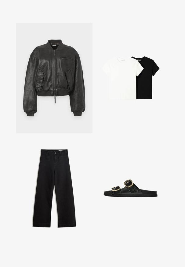 Black leather bomber jacket with a zip front, ribbed cuffs, and two side pockets. Features a small chest pocket and a cropped design.; Two short-sleeve t-shirts, one white and one black, made of cotton. Both feature a round neckline and a simple, classic design.; Black wide-leg denim pants with a high waist, featuring front and back pockets, stitched seams, and a button closure. Smooth texture.; Black slide sandal with two gold buckle accents, smooth textured material, flat sole, and a minimalist design.