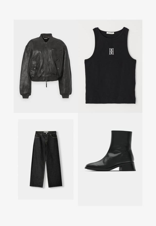 Černá kožená bomber bunda se zapínáním na zip, žebrovanými manžetami a dvěma bočními kapsami. Disponuje malou kapsou na hrudi a zkráceným střihem.; Černý žebrovaný top bez rukávů s kulatým výstřihem a vyšívaným logem v bílé barvě. Materiál má hladkou texturu a těsný střih.; Černé denimové široké kalhoty s pěti kapsami, kovovým knoflíkem a zipovým zapínáním, a kontrastním žlutým prošíváním podél švů.; Černé kotníkové boty vyrobené z lesklé kůže, s elegantním designem, špičatou špičkou a umírněným blokovým podpatkem pro stabilitu.
