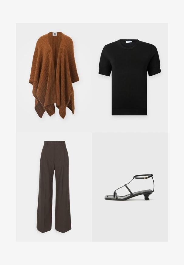 Poncho marrone a maglia con un motivo a trecce texturizzato, design aperto e forma triangolare. Realizzato in materiale morbido e caldo.; Top nero a maniche corte in maglia con scollo rotondo. Presenta una sottile lavorazione a coste sulle maniche e sull'orlo, realizzato in un tessuto liscio.; Pantaloni ampi marrone scuro con vita alta, caratterizzati da pieghe ben stirate, una texture liscia e una vestibilità su misura.; Sandalo in pelle nera con punta quadrata, cinturini sottili, cinturino alla caviglia regolabile e tacco basso. Presenta un piccolo accento dorato sul cinturino.