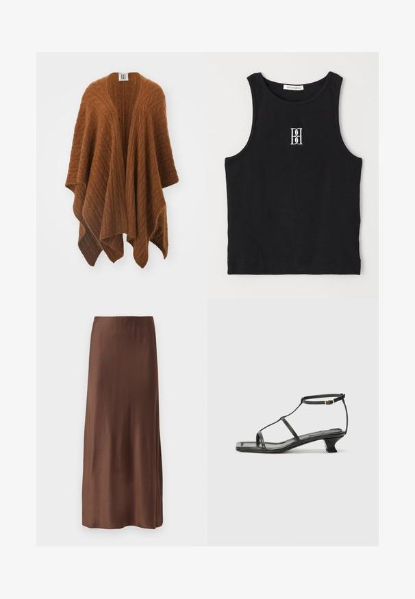 Poncho de malha castanho com um padrão de cabos texturizado, design aberto e forma triangular. Feito de material suave e quente.; Top de alças preto com textura canelada, apresentando um decote redondo e um logótipo bordado em branco. O tecido tem uma textura suave e um corte justo.; Saia midi de seda castanha com uma textura suave, apresentando um corte reto e sem padrões ou adornos visíveis. Design simples e elegante.; Sandália de couro preta com biqueira quadrada, tiras finas, correia ajustável no tornozelo e um salto baixo. Possui um pequeno detalhe em ouro na tira.