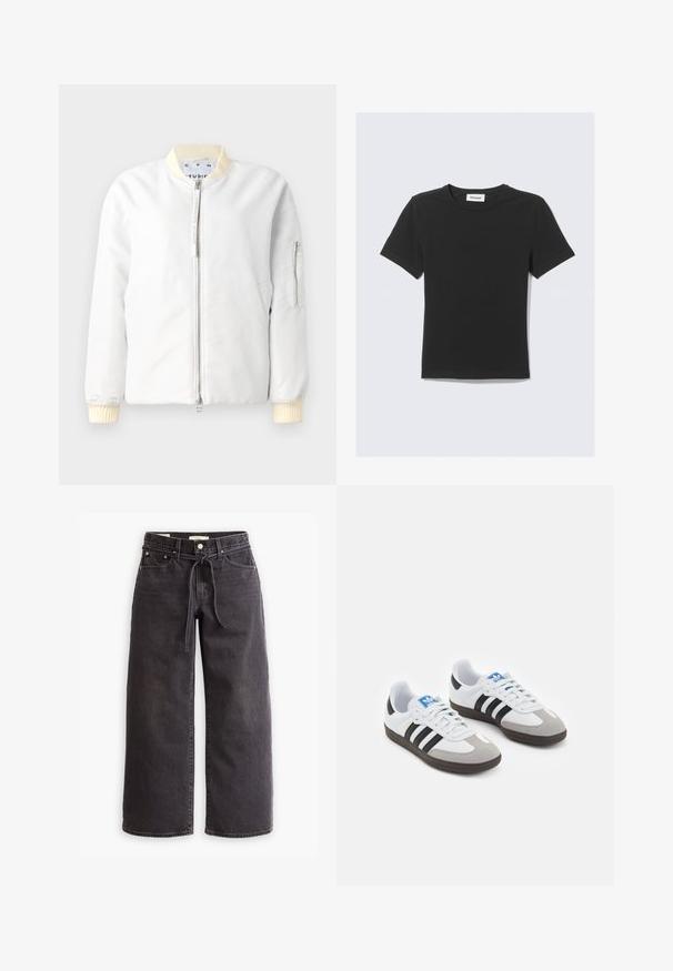 Gaišas, viegls bomber jaka ar rāvējslēdzēju priekšpusi, ribotiem apkakles un piedurkņu maliem krēmkrāsā, kā arī ar rāvējslēdzēja kabatu uz piedurknes.; Melnā īsroku T-krekls no mīkstas kokvilnas ar apaļu kakla izgriezumu un parastu piegriezumu, bez redzamiem rakstiem vai akcentiem.; Melni platajā grieztie džinsi, izgatavoti no denima, ar jostu ar auklu, piecām kabatām un kontrastējošām šuvēm. Dzegužu priekšpuse.; Sporta apavi ar balto ādas virsu, pelēku zamšādas purngalu un trim melnām svītrām. Iezīmē zilu logotipu uz mēles un teksturētu gumijas zoli.