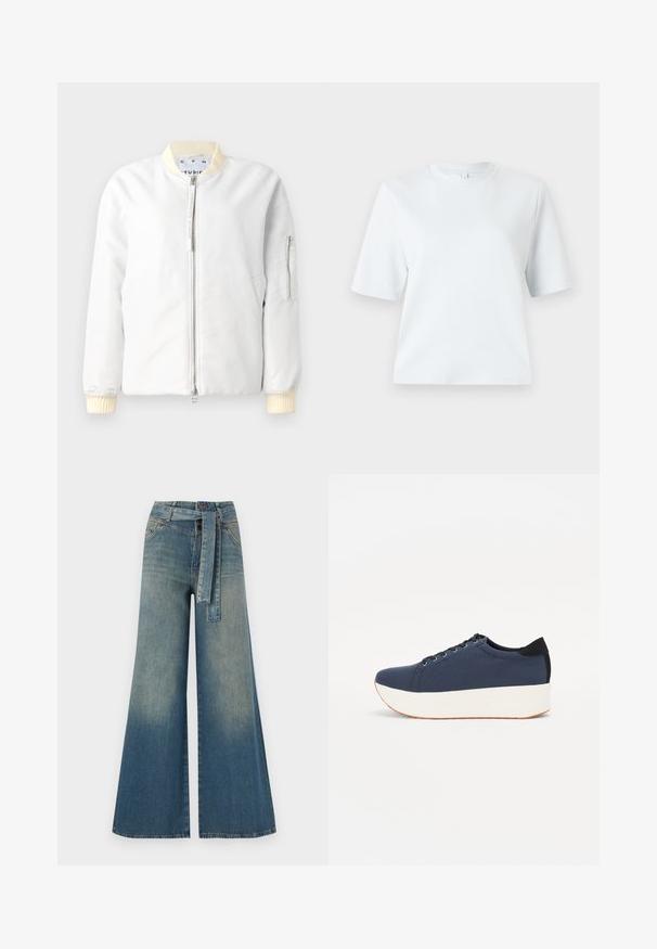 Jachetă bomber ușoară din material alb, cu fermoar frontal, guler și manșete ribbed în nuanța crem și un buzunar cu fermoar pe mânecă.; Tricou scurt cu mânecă, de culoare bleu deschis, fabricat din bumbac moale. Are un decolteu clasic rotund și o croială lejeră, fără modele sau accente.; Pantaloni din denim largi, cu un gradient de la albastru deschis la albastru închis, talie înaltă, bucle pentru curea și o curea din același material. Finisaj texturat din denim.; Sneaker albastru închis, cu un material texturat pe partea superioară, talpă platformă albă, vârf rotunjit și accent de călcâi negru. Dispune de șase găuri pentru șireturi.