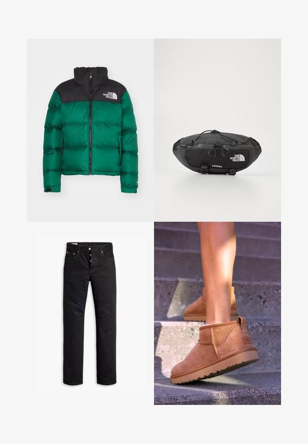 The North Face RETRO NUPTSE JACKET - Puhovka - evergreen; Krem pulover s kablom in dolgimi rokavi, žebljarji na manšetah in ob robu, vsebuje majhen izvezen logotip na levem prsnem delu.; Črne denim hlače s ravnim krojem, petimi žepi in gumbom za zapiranje. Imajo bakrene zakovice in okrasne šive.; Svetlosive nobuck gležnjarji z mehko teksturo, všitimi detajli in gumijastim podplatom, z zanko na peti za enostavno obuvanje.; The North Face TERRA LUMBAR 3L UNISEX - Torbica za okoli pasu - asphalt grey/black