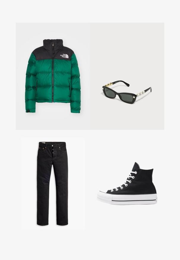 The North Face - Kurtka puchowa; Biała bawełniana koszulka z krótkim rękawem i okrągłym dekoltem. Posiada małe czerwone logo Levi's na lewej piersi.; Czarne dżinsy o prostym kroju, pięciopocketowym designie i zapięciu na guziki. Zawierają mosiężne nity i akcenty w haftach.; Czarny wysokopodbiciowy sneaker z płótna, z białymi oczkami, sznurówkami i gumową podeszwą. Posiada teksturowany czubek oraz czarno-białe paski.; Swarovski - Okulary przeciwsłoneczne; The North Face UNISEX szary