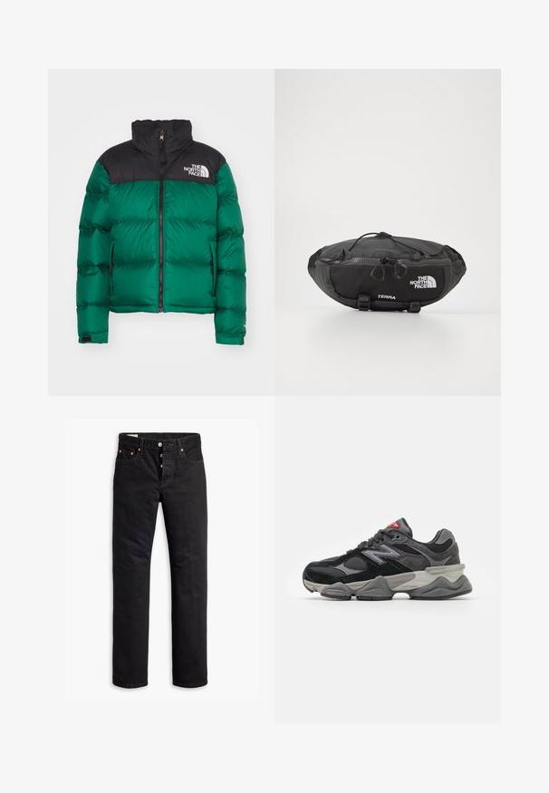 The North Face RETRO NUPTSE JACKET - Dūnu jaka - evergreen; Melnas garām piedurknēm T-krekls, izgatavots no kokvilnas ar apaļu kaklu. Tam ir mazs balts logo kreisajā krūtīs. Vienkāršs dizains un piegulums.; Melnu denimu bikses ar taisnu piegriezumu, piecu kabatu dizainu un pogu aizdari. Satur varš rīvītes un šuvju akcentus.; Melna un pelēka sporta apavi ar suede un sieta materiālu kombināciju, bieza zole, izteikts logs un sarkana akcents uz mēles.; The North Face TERRA LUMBAR 3L UNISEX - Jostas soma - asphalt grey/black