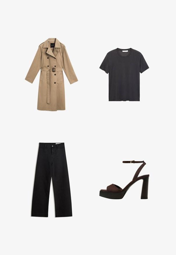 Beige trenchcoat van stof, met dubbele knopen, een riem op de taille en schouderstukken.; Zwarte crew-neck t-shirt gemaakt van zachte katoen. Korte mouwen, relaxte pasvorm en rechte zoom zonder versieringen of patronen.; Zwarte denim broek met wijde pijpen en een hoge taille, voorzien van voor- en achterzakken, gestikte naden en een knoopsluiting. Gladde textuur.; Bruine suède high-heeled sandaal met een open teen, verstelbare enkelband en een gestreepte plateauzool.